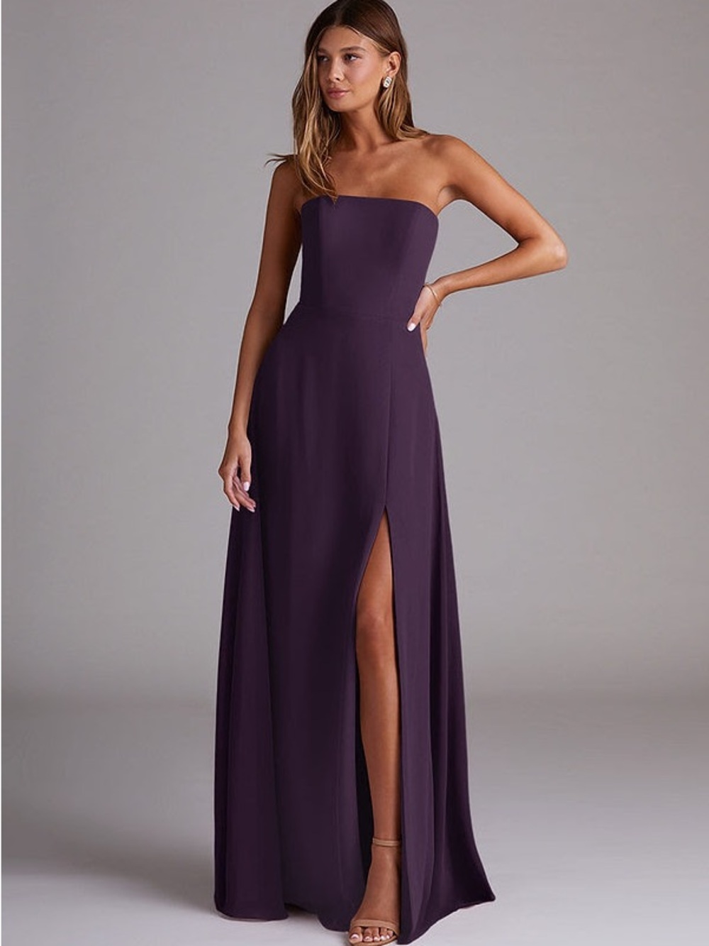 Azazie Wren Plum Evening Gown with High Slit